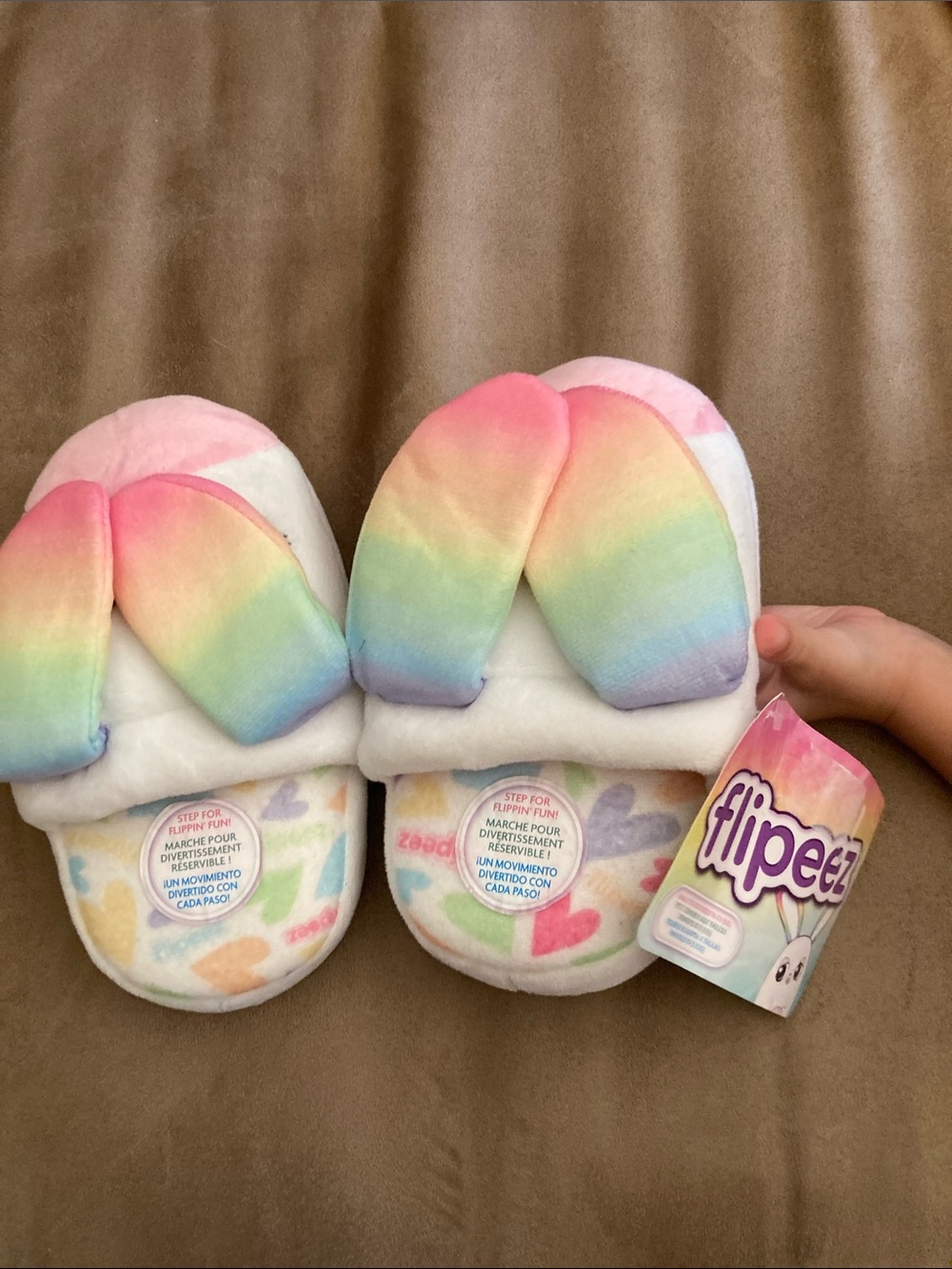 NWT! Flipeez Bunny Rainbow Plush Flip Slippers - Pastel Multicolor